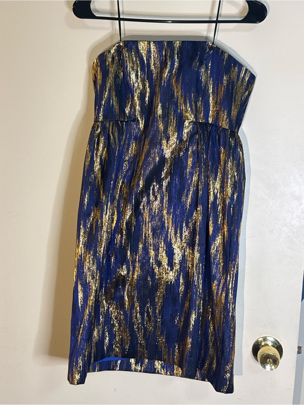 MICHAEL KORS Collection Italy Blue Gold Metallic Jacquard Strapless Dress Size 6